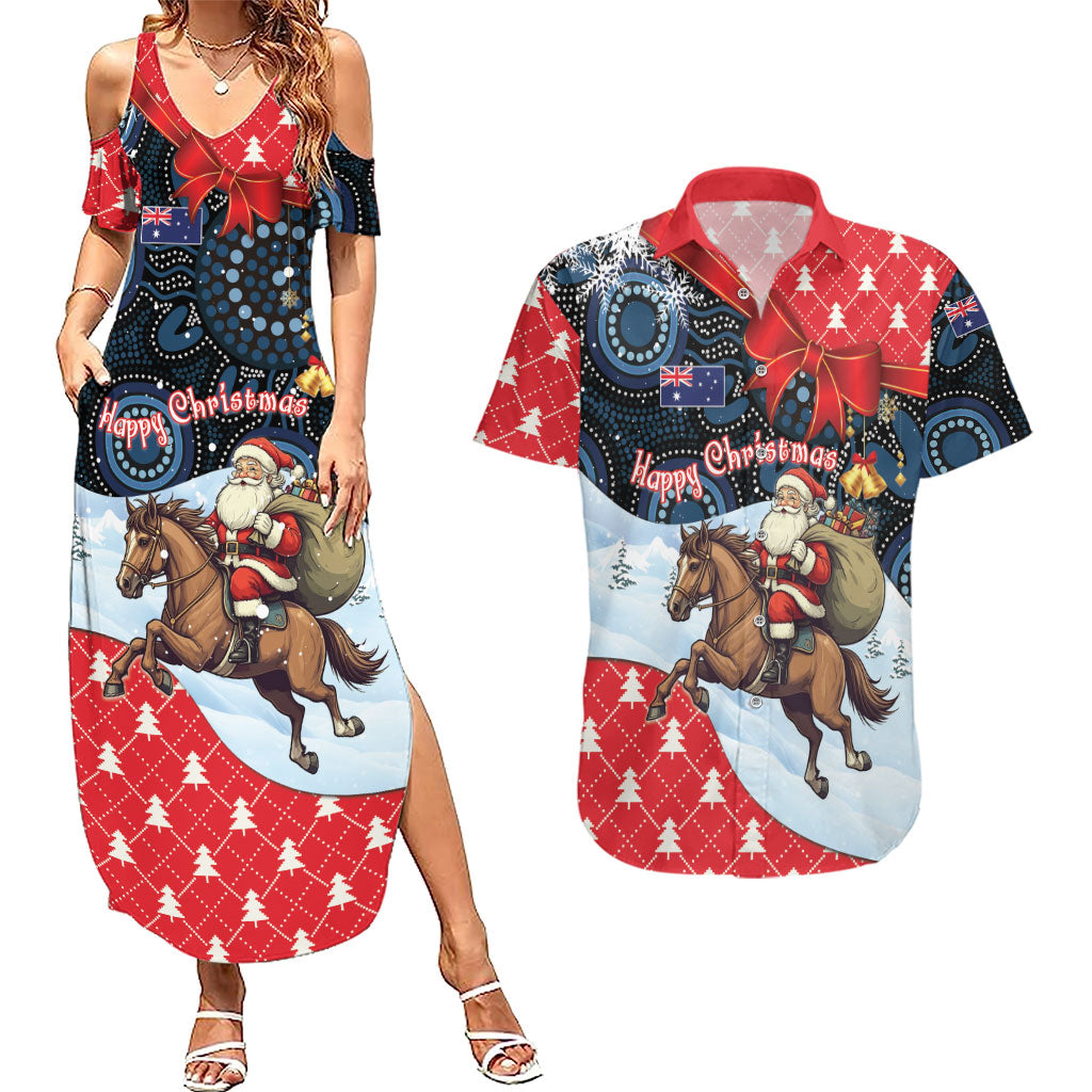 Australia Christmas In July Personalised Couples Matching Summer Maxi Dress and Hawaiian Shirt Santa Horse Racing Aboriginal Dot Art