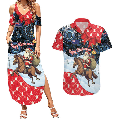 Australia Christmas In July Personalised Couples Matching Summer Maxi Dress and Hawaiian Shirt Santa Horse Racing Aboriginal Dot Art