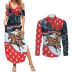 Australia Christmas In July Personalised Couples Matching Summer Maxi Dress and Long Sleeve Button Shirt Santa Horse Racing Aboriginal Dot Art