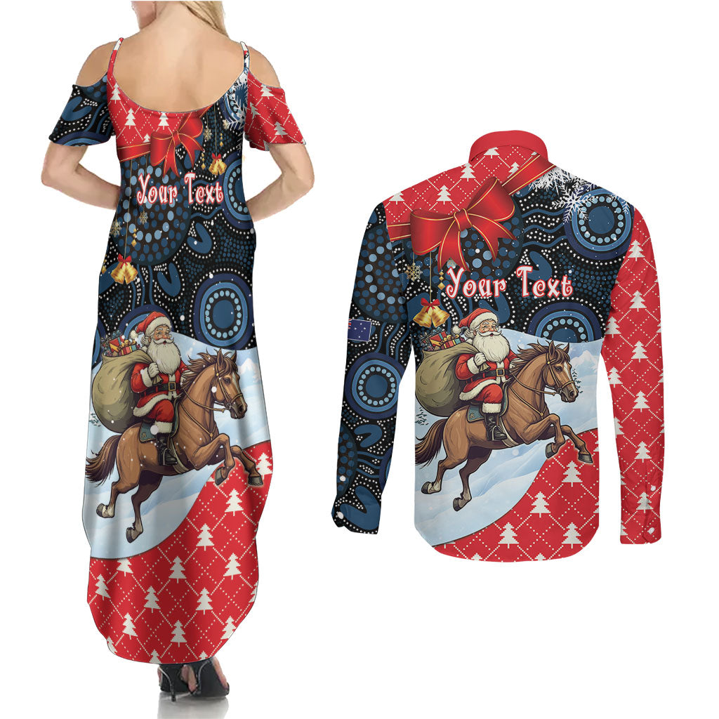 Australia Christmas In July Personalised Couples Matching Summer Maxi Dress and Long Sleeve Button Shirt Santa Horse Racing Aboriginal Dot Art