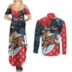 Australia Christmas In July Personalised Couples Matching Summer Maxi Dress and Long Sleeve Button Shirt Santa Horse Racing Aboriginal Dot Art