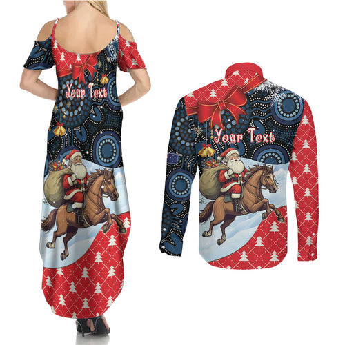 Australia Christmas In July Personalised Couples Matching Summer Maxi Dress and Long Sleeve Button Shirt Santa Horse Racing Aboriginal Dot Art