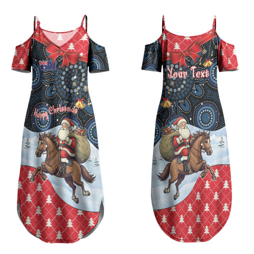Australia Christmas In July Personalised Couples Matching Summer Maxi Dress and Long Sleeve Button Shirt Santa Horse Racing Aboriginal Dot Art LT22