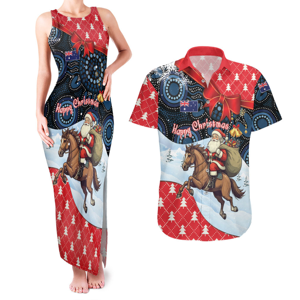 Australia Christmas In July Personalised Couples Matching Tank Maxi Dress and Hawaiian Shirt Santa Horse Racing Aboriginal Dot Art