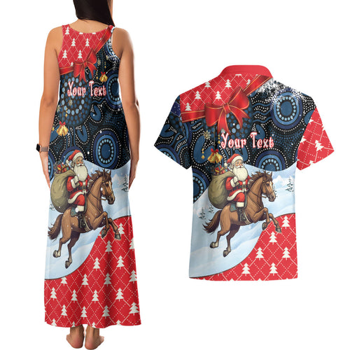 Australia Christmas In July Personalised Couples Matching Tank Maxi Dress and Hawaiian Shirt Santa Horse Racing Aboriginal Dot Art