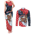 Australia Christmas In July Personalised Couples Matching Tank Maxi Dress and Long Sleeve Button Shirt Santa Horse Racing Aboriginal Dot Art