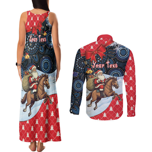 Australia Christmas In July Personalised Couples Matching Tank Maxi Dress and Long Sleeve Button Shirt Santa Horse Racing Aboriginal Dot Art