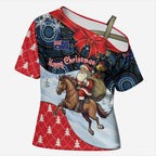 Australia Christmas In July Personalised Cross Shoulder Shirt Santa Horse Racing Aboriginal Dot Art