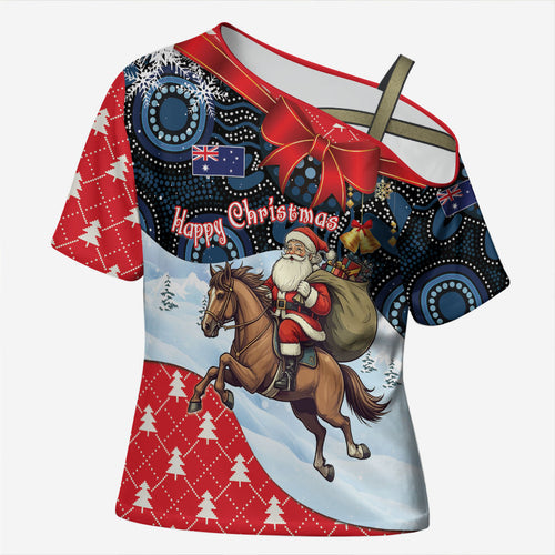 Australia Christmas In July Personalised Cross Shoulder Shirt Santa Horse Racing Aboriginal Dot Art