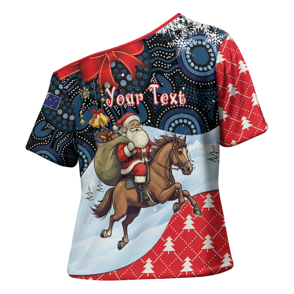 Australia Christmas In July Personalised Cross Shoulder Shirt Santa Horse Racing Aboriginal Dot Art