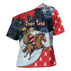 Australia Christmas In July Personalised Cross Shoulder Shirt Santa Horse Racing Aboriginal Dot Art