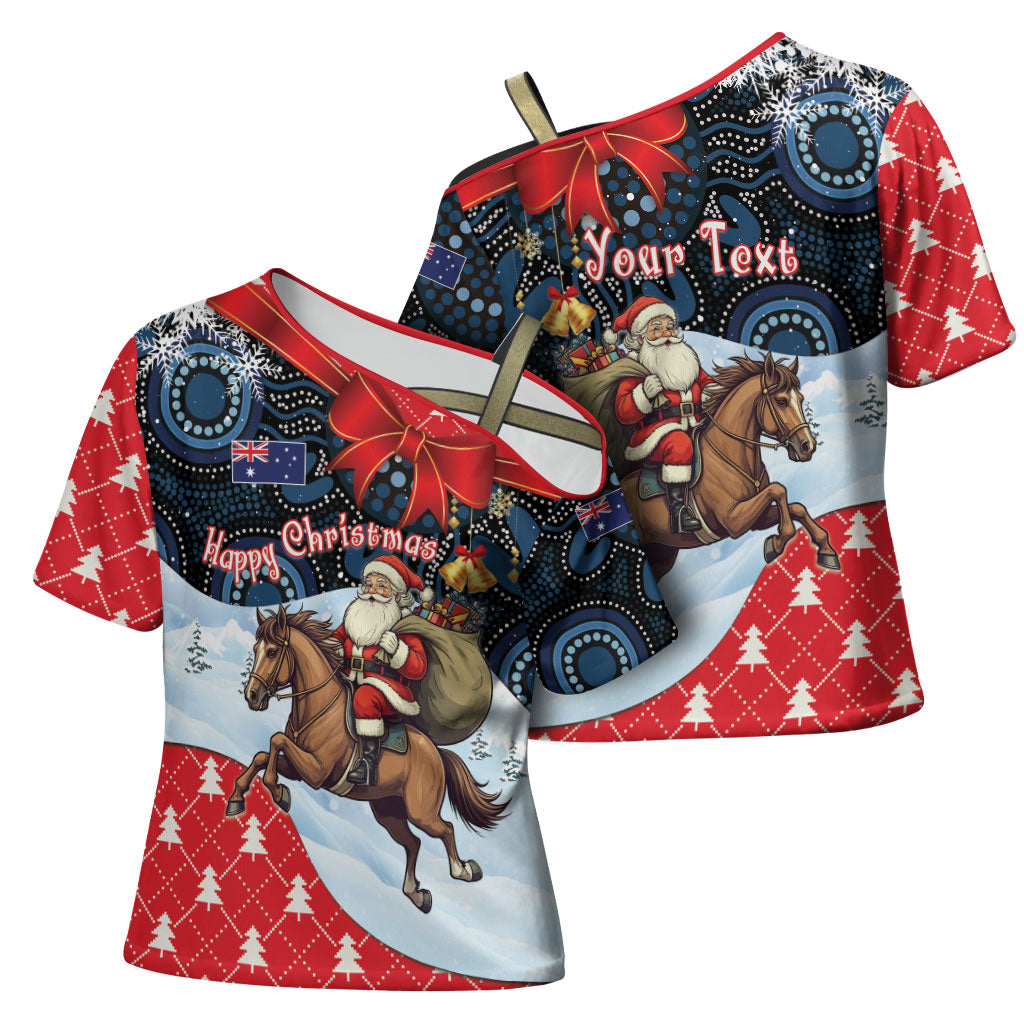 Australia Christmas In July Personalised Cross Shoulder Shirt Santa Horse Racing Aboriginal Dot Art