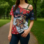 Australia Christmas In July Personalised Cross Shoulder Shirt Santa Horse Racing Aboriginal Dot Art
