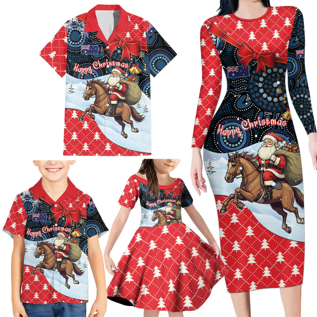 Australia Christmas In July Personalised Family Matching Long Sleeve Bodycon Dress and Hawaiian Shirt Santa Horse Racing Aboriginal Dot Art