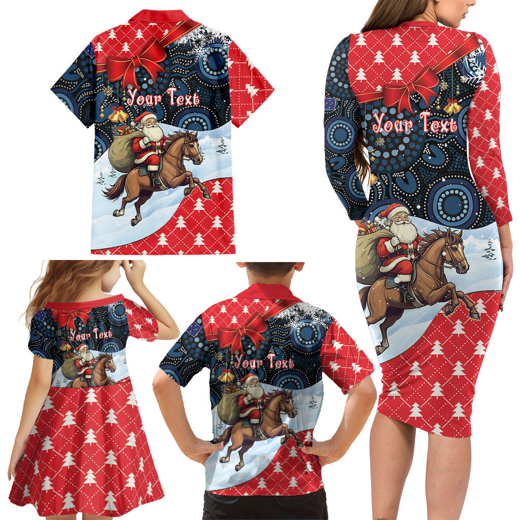 Australia Christmas In July Personalised Family Matching Long Sleeve Bodycon Dress and Hawaiian Shirt Santa Horse Racing Aboriginal Dot Art