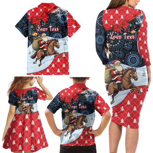 Australia Christmas In July Personalised Family Matching Long Sleeve Bodycon Dress and Hawaiian Shirt Santa Horse Racing Aboriginal Dot Art