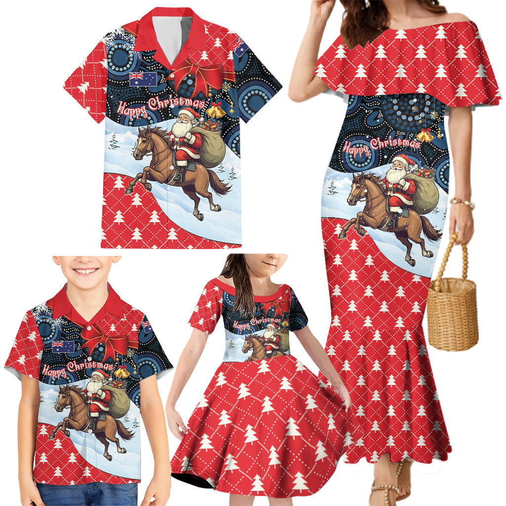 Australia Christmas In July Personalised Family Matching Mermaid Dress and Hawaiian Shirt Santa Horse Racing Aboriginal Dot Art