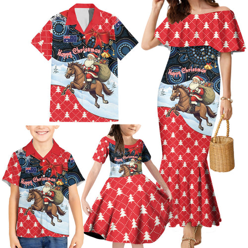 Australia Christmas In July Personalised Family Matching Mermaid Dress and Hawaiian Shirt Santa Horse Racing Aboriginal Dot Art