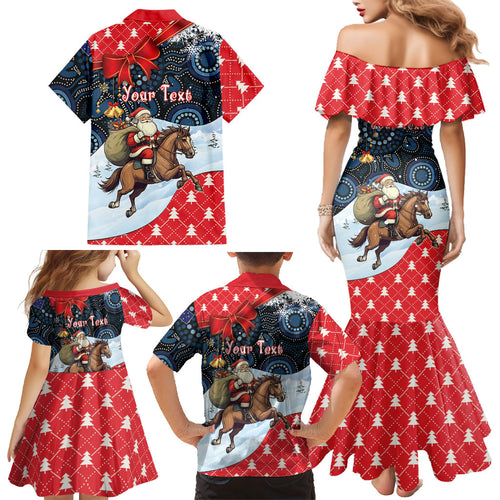 Australia Christmas In July Personalised Family Matching Mermaid Dress and Hawaiian Shirt Santa Horse Racing Aboriginal Dot Art