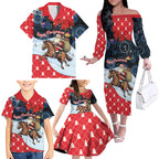 Australia Christmas In July Personalised Family Matching Off The Shoulder Long Sleeve Dress and Hawaiian Shirt Santa Horse Racing Aboriginal Dot Art