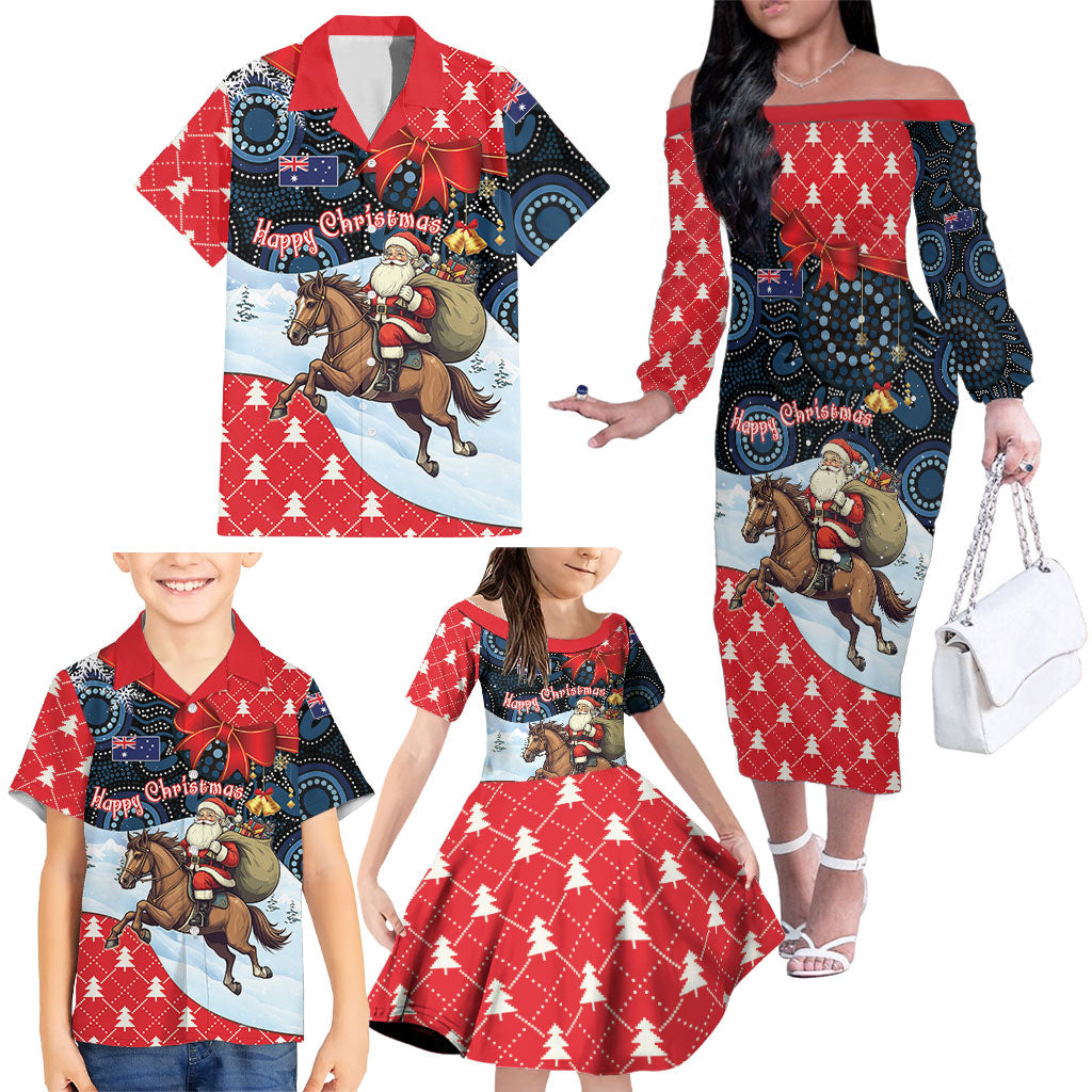 Australia Christmas In July Personalised Family Matching Off The Shoulder Long Sleeve Dress and Hawaiian Shirt Santa Horse Racing Aboriginal Dot Art