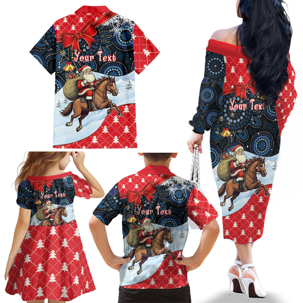Australia Christmas In July Personalised Family Matching Off The Shoulder Long Sleeve Dress and Hawaiian Shirt Santa Horse Racing Aboriginal Dot Art