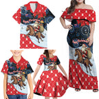 Australia Christmas In July Personalised Family Matching Off Shoulder Maxi Dress and Hawaiian Shirt Santa Horse Racing Aboriginal Dot Art