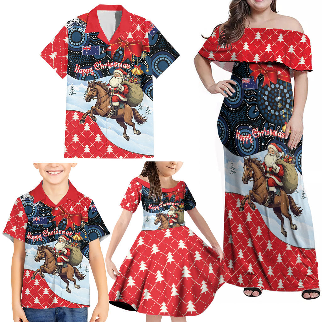 Australia Christmas In July Personalised Family Matching Off Shoulder Maxi Dress and Hawaiian Shirt Santa Horse Racing Aboriginal Dot Art