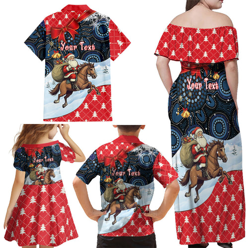 Australia Christmas In July Personalised Family Matching Off Shoulder Maxi Dress and Hawaiian Shirt Santa Horse Racing Aboriginal Dot Art
