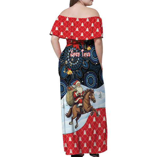 Australia Christmas In July Personalised Family Matching Off Shoulder Maxi Dress and Hawaiian Shirt Santa Horse Racing Aboriginal Dot Art