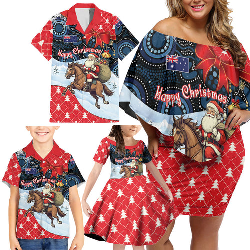 Australia Christmas In July Personalised Family Matching Off Shoulder Short Dress and Hawaiian Shirt Santa Horse Racing Aboriginal Dot Art
