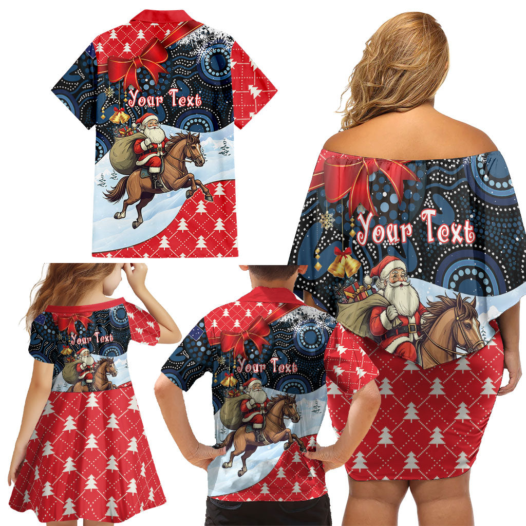 Australia Christmas In July Personalised Family Matching Off Shoulder Short Dress and Hawaiian Shirt Santa Horse Racing Aboriginal Dot Art