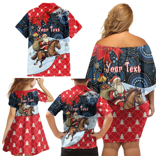 Australia Christmas In July Personalised Family Matching Off Shoulder Short Dress and Hawaiian Shirt Santa Horse Racing Aboriginal Dot Art