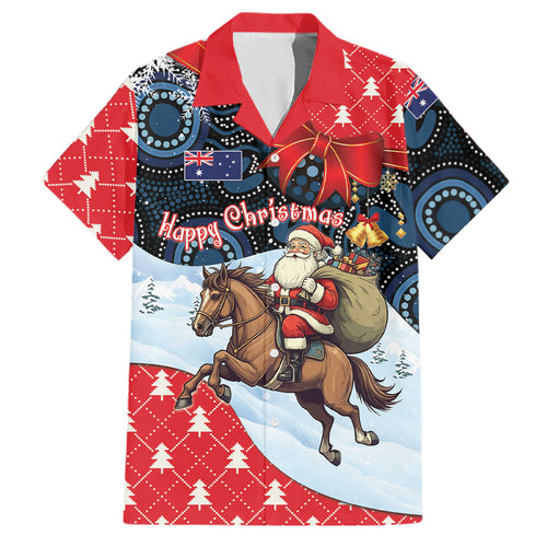 Australia Christmas In July Personalised Family Matching Off Shoulder Short Dress and Hawaiian Shirt Santa Horse Racing Aboriginal Dot Art