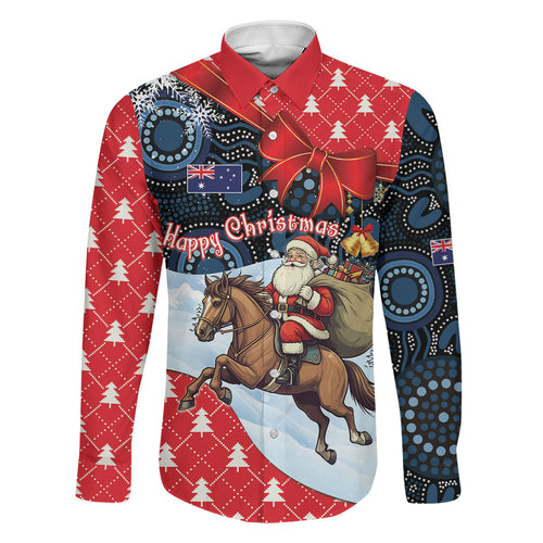 Australia Christmas In July Personalised Family Matching Off Shoulder Short Dress and Hawaiian Shirt Santa Horse Racing Aboriginal Dot Art