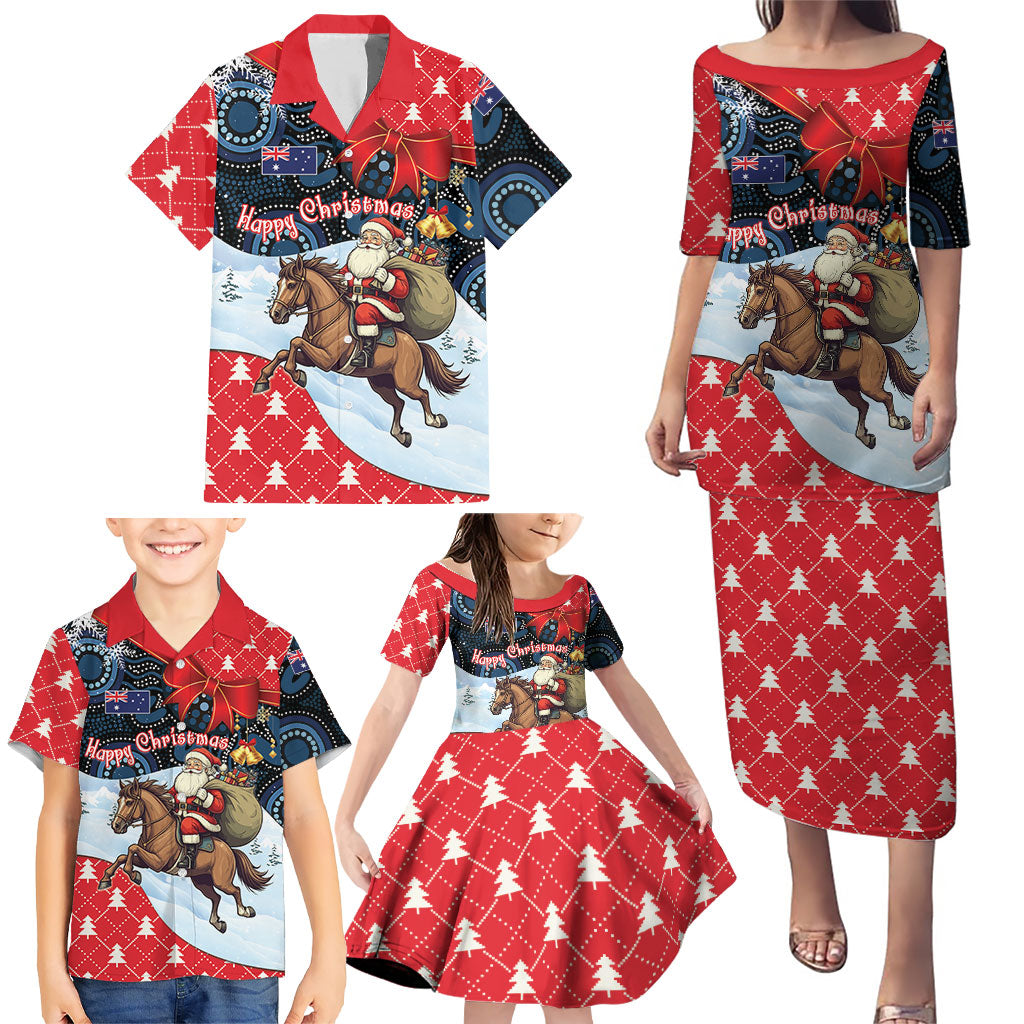 Australia Christmas In July Personalised Family Matching Puletasi and Hawaiian Shirt Santa Horse Racing Aboriginal Dot Art