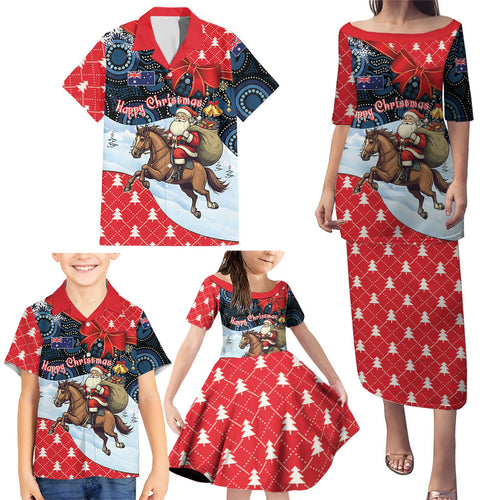 Australia Christmas In July Personalised Family Matching Puletasi and Hawaiian Shirt Santa Horse Racing Aboriginal Dot Art