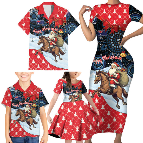 Australia Christmas In July Personalised Family Matching Short Sleeve Bodycon Dress and Hawaiian Shirt Santa Horse Racing Aboriginal Dot Art