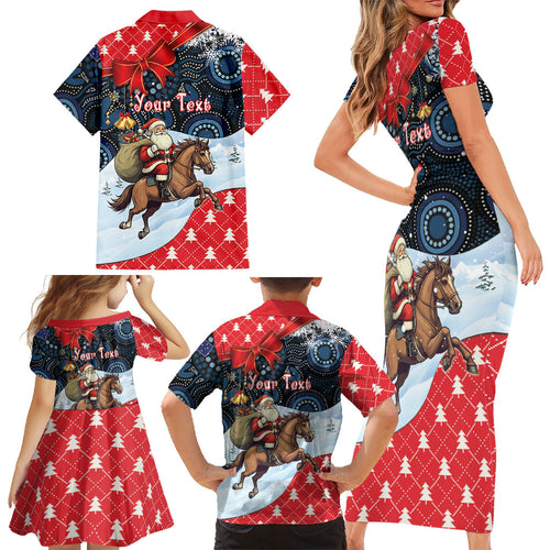 Australia Christmas In July Personalised Family Matching Short Sleeve Bodycon Dress and Hawaiian Shirt Santa Horse Racing Aboriginal Dot Art