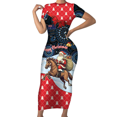 Australia Christmas In July Personalised Family Matching Short Sleeve Bodycon Dress and Hawaiian Shirt Santa Horse Racing Aboriginal Dot Art