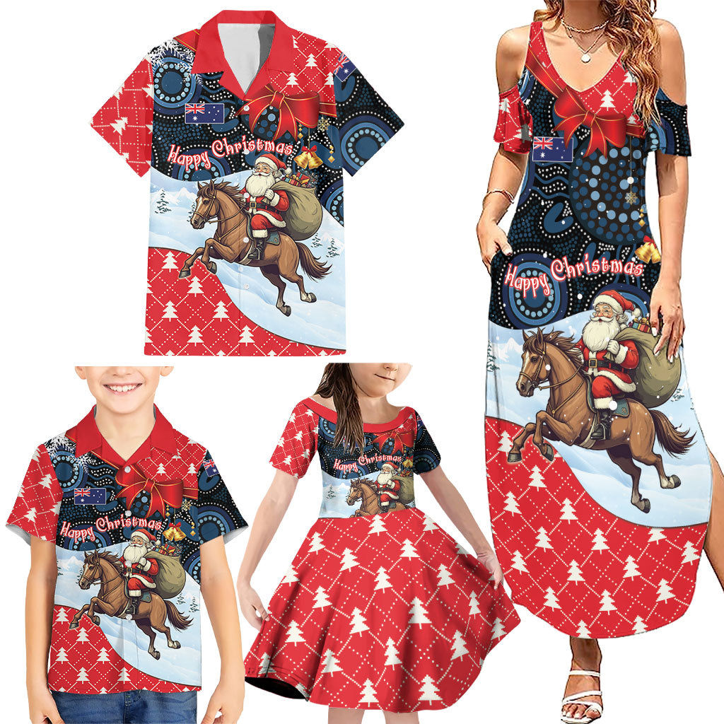 Australia Christmas In July Personalised Family Matching Summer Maxi Dress and Hawaiian Shirt Santa Horse Racing Aboriginal Dot Art