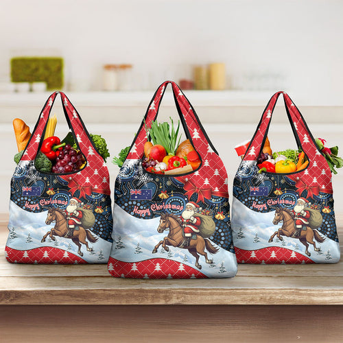 Australia Christmas In July Grocery Bag Santa Horse Racing Aboriginal Dot Art