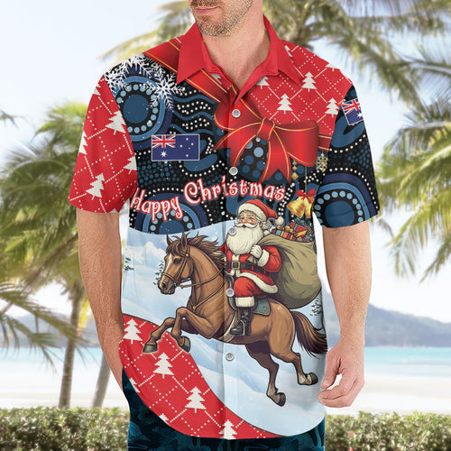 Australia Christmas In July Personalised Hawaiian Shirt Santa Horse Racing Aboriginal Dot Art