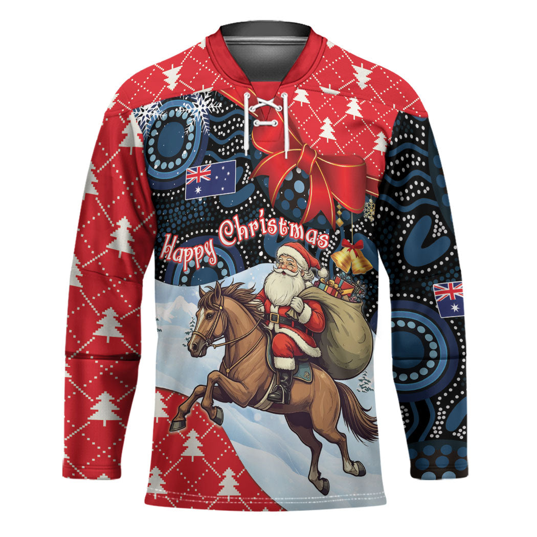 Australia Christmas In July Personalised Hockey Jersey Santa Horse Racing Aboriginal Dot Art