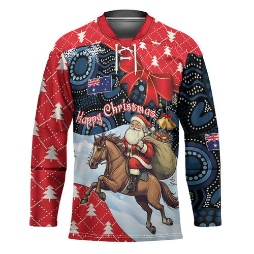 Australia Christmas In July Personalised Hockey Jersey Santa Horse Racing Aboriginal Dot Art