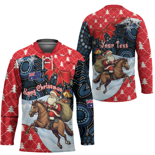 Australia Christmas In July Personalised Hockey Jersey Santa Horse Racing Aboriginal Dot Art