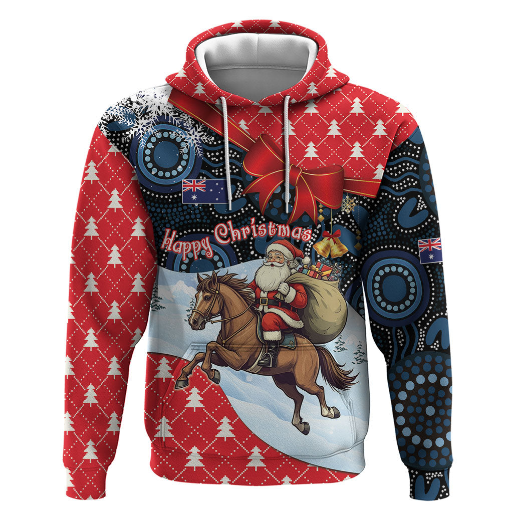 Australia Christmas In July Personalised Hoodie Santa Horse Racing Aboriginal Dot Art