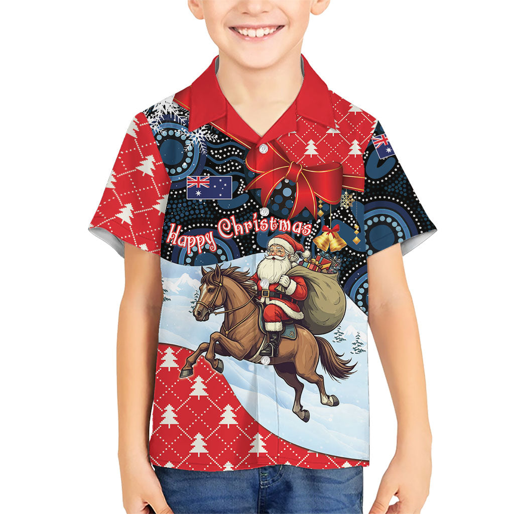 Australia Christmas In July Personalised Kid Hawaiian Shirt Santa Horse Racing Aboriginal Dot Art