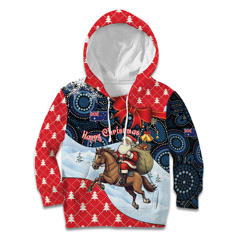 Australia Christmas In July Personalised Kid Hoodie Santa Horse Racing Aboriginal Dot Art