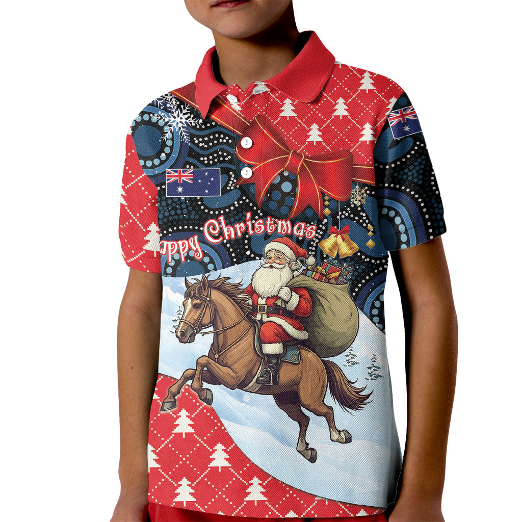 Australia Christmas In July Personalised Kid Polo Shirt Santa Horse Racing Aboriginal Dot Art
